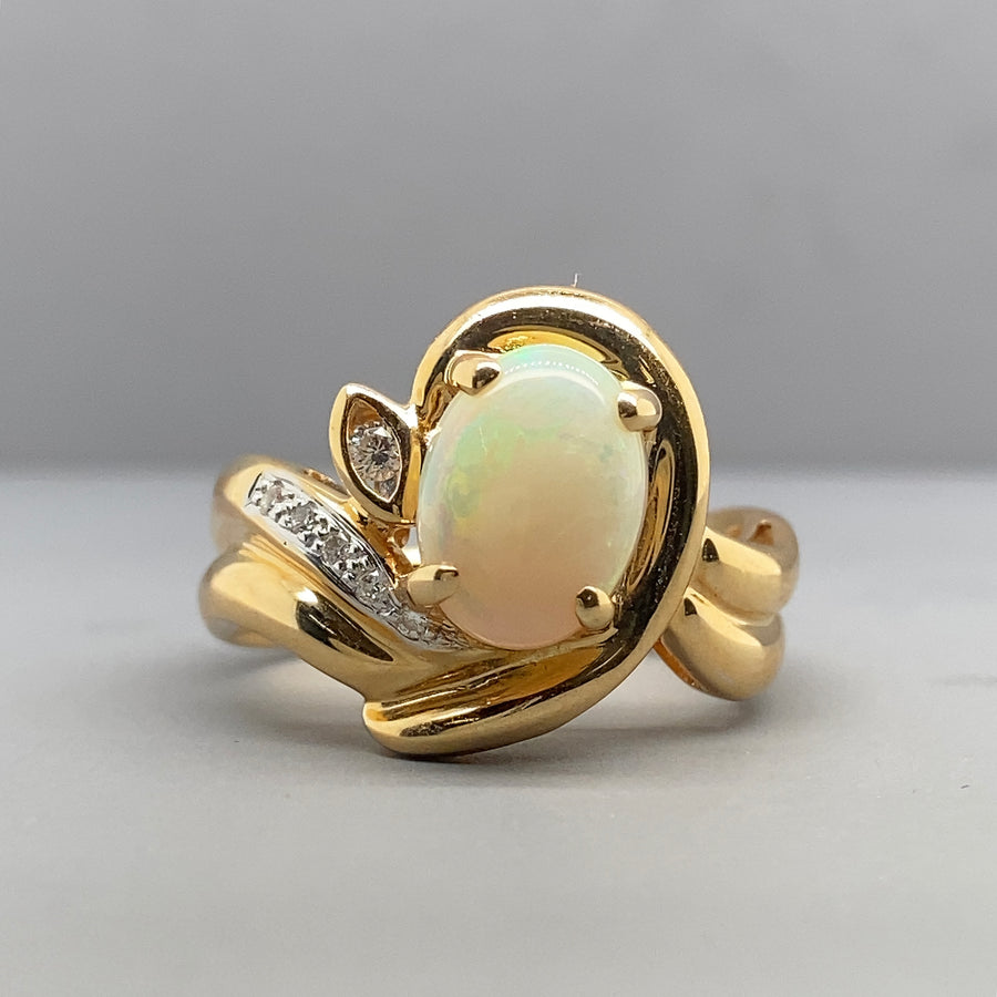 14ct Yellow Gold Diamond and Opal Ring - Size N 1/2