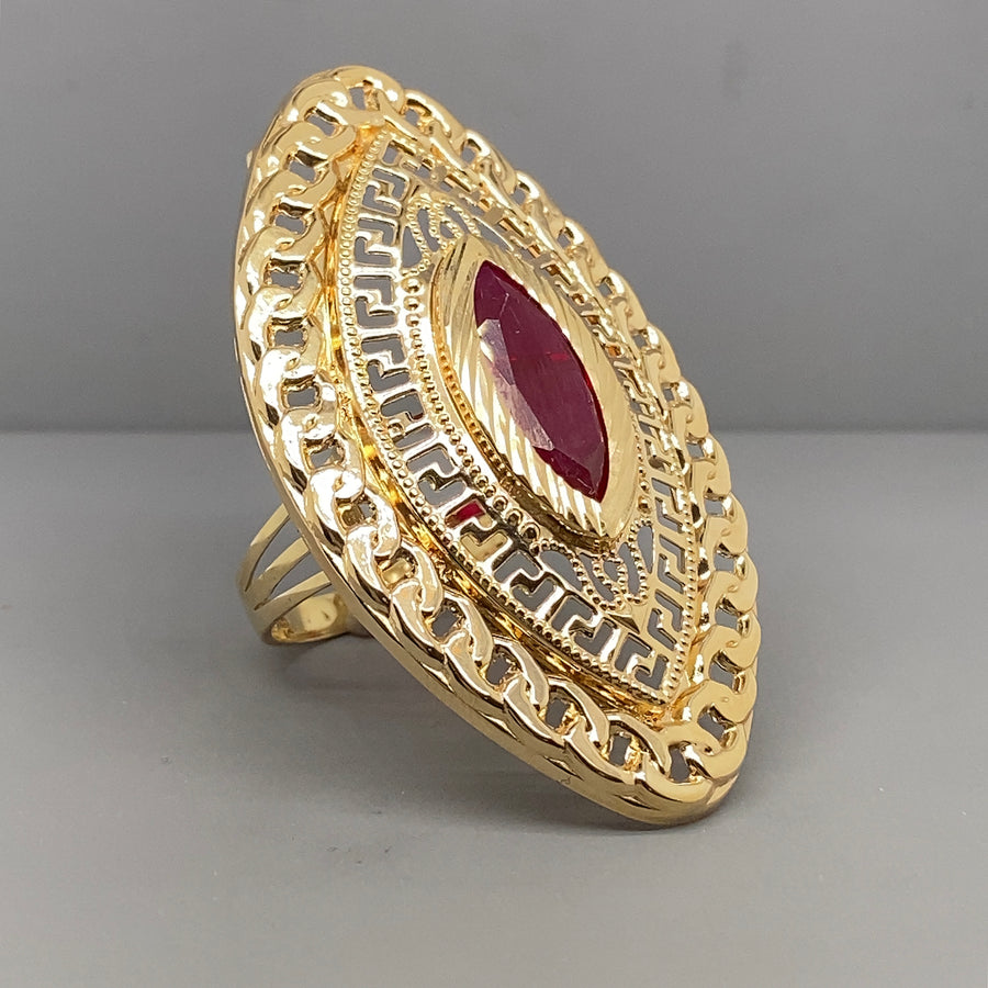 14ct Yellow Gold Red Synthetic Stone Ring - Size R