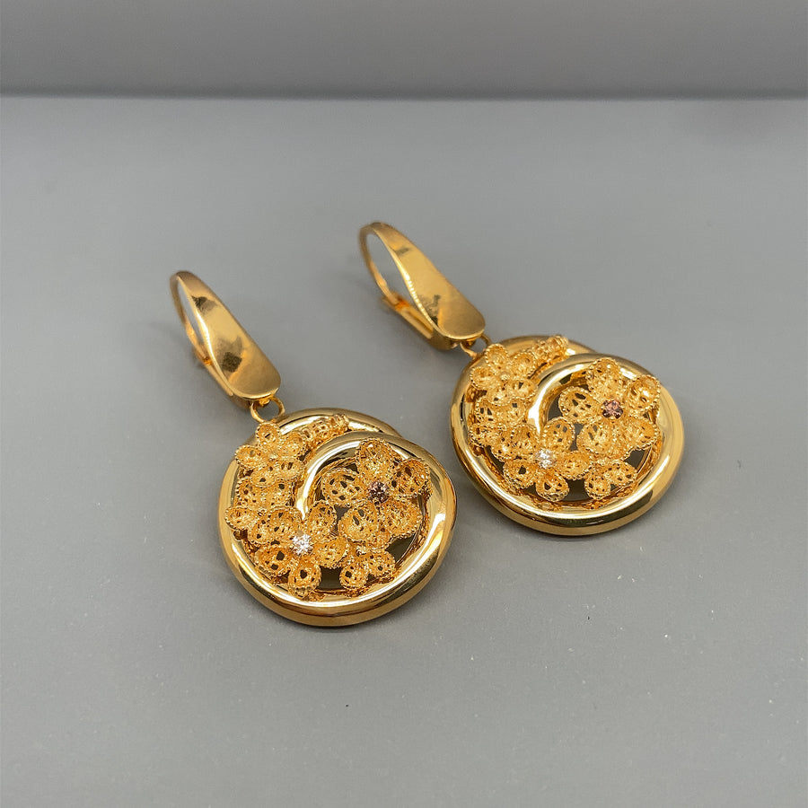 18ct Yellow Gold Cubic Zirconia Floral Swirl Drop Earrings (NEW!)