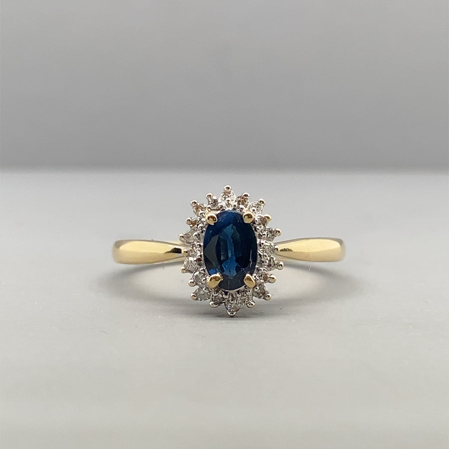 9ct Yellow Gold Sapphire and Diamond Cluster Ring - Size M