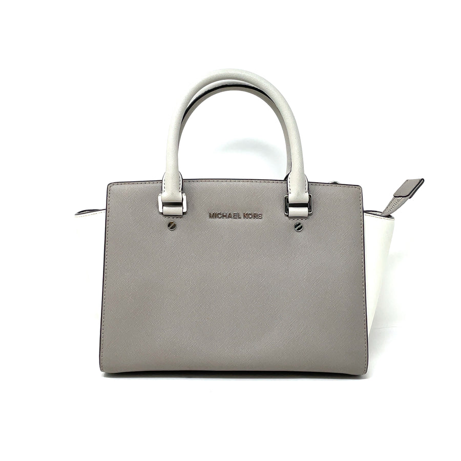 Pre-Loved Michael Kors Selma Grey and White Leather Medium Sized Shoulder Bag