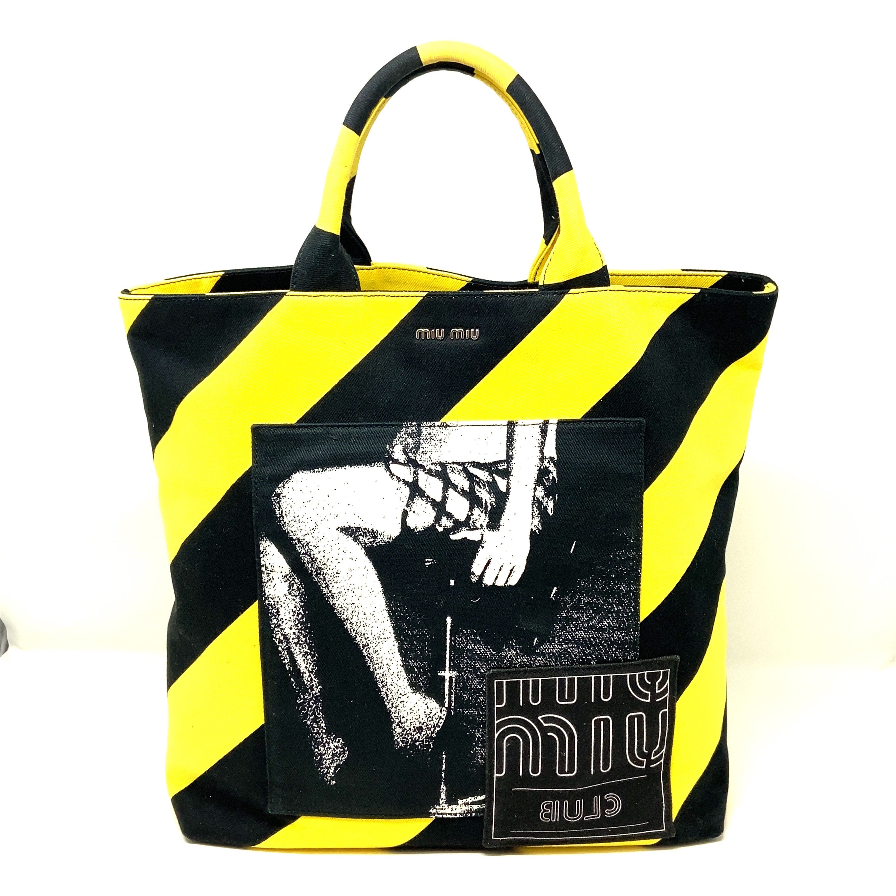 Pre-Owned Miu Miu Club Printed Black and Yellow Canvas Tote Shopper Bag