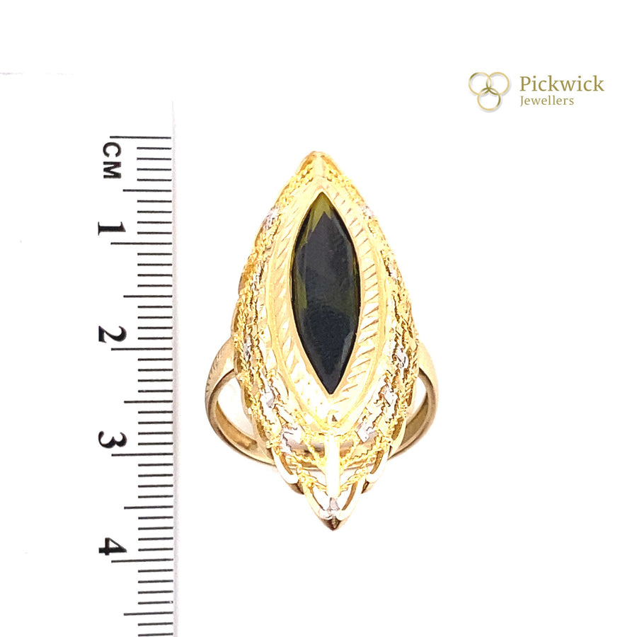14ct Bi-Colour Gold Dark Green Stone Statement Ring - Size P (NEW!)