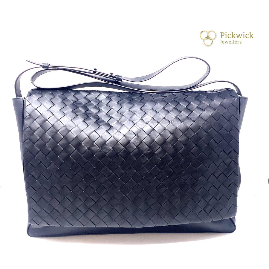 Pre-Owned Bottega Veneta Interacciato Black Nero Leather Messenger Bag