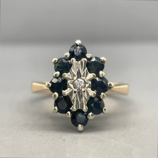 9ct Yellow Gold Sapphire and Diamond Cluster Ring - Size K
