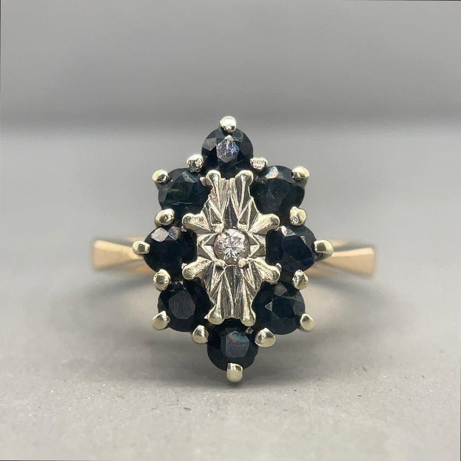 9ct Yellow Gold Sapphire and Diamond Cluster Ring - Size K