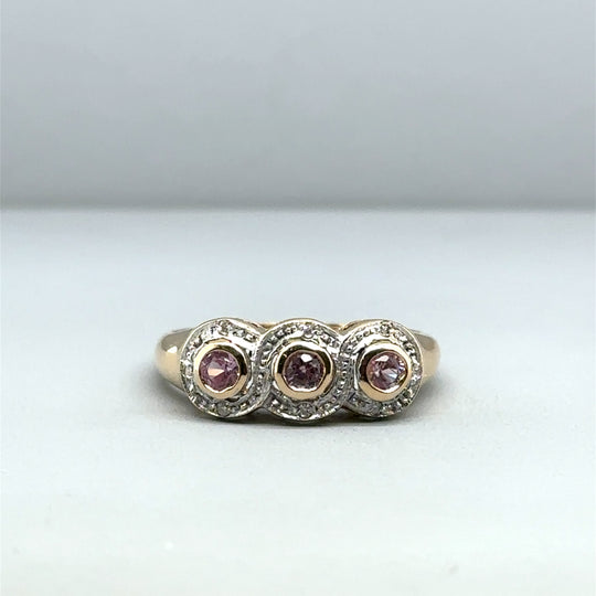 9ct Yellow Gold Diamond and Pink Topaz Ring - Size M 1/2