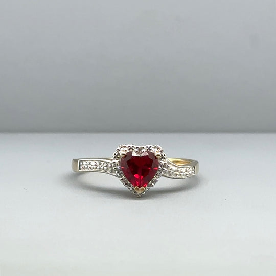 9ct Yellow Gold Red Topaz and Diamond Heart Ring - Size S