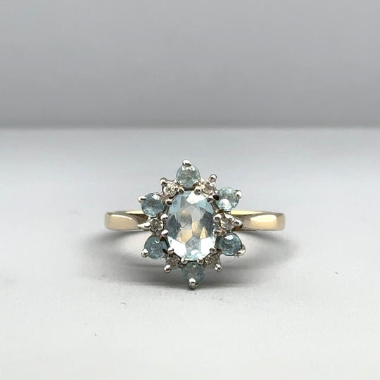 9ct Yellow Gold Aqua and Diamond Cluster Ring - Size M