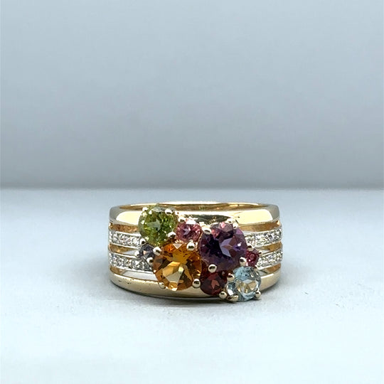 9ct Yellow Gold Multi-Gem and Diamond Ring - Size L 1/2