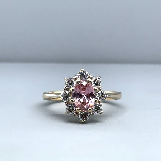 9ct Yellow Gold Pink and White Cubic Zirconia Ring - Size P 1/2