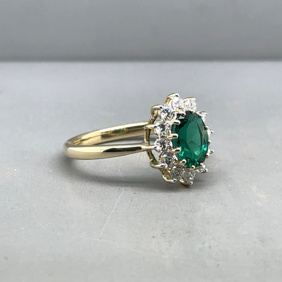 9ct Yellow Gold Lab Grown Diamond and Emerald Cluster Ring (c. 0.47ct) - Size K 1/2 - NEW!