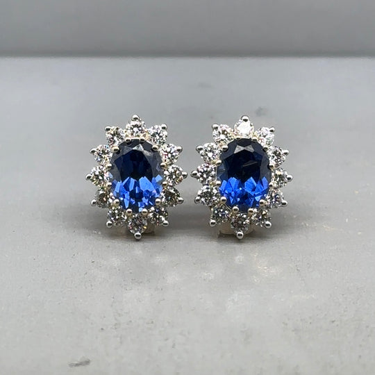 9ct Yellow Gold Lab Grown Diamond and Sapphire Cluster Stud Earrings (c. 0.95ct) NEW!