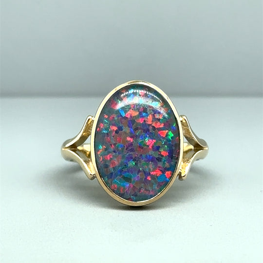 9ct Yellow Gold Blue Opalique Ring - Size N