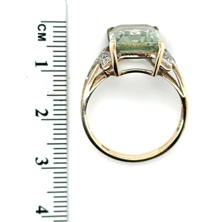 9ct Yellow Gold Green Amethyst and Diamond Ring - Size S