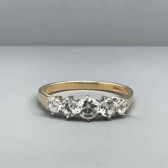 14ct Yellow Gold Five Stone Cubic Zirconia Ring - Size R
