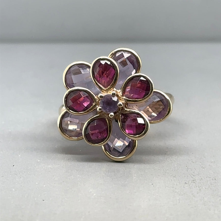 9ct Yellow Gold Amethyst and Tourmaline Ring - Size O