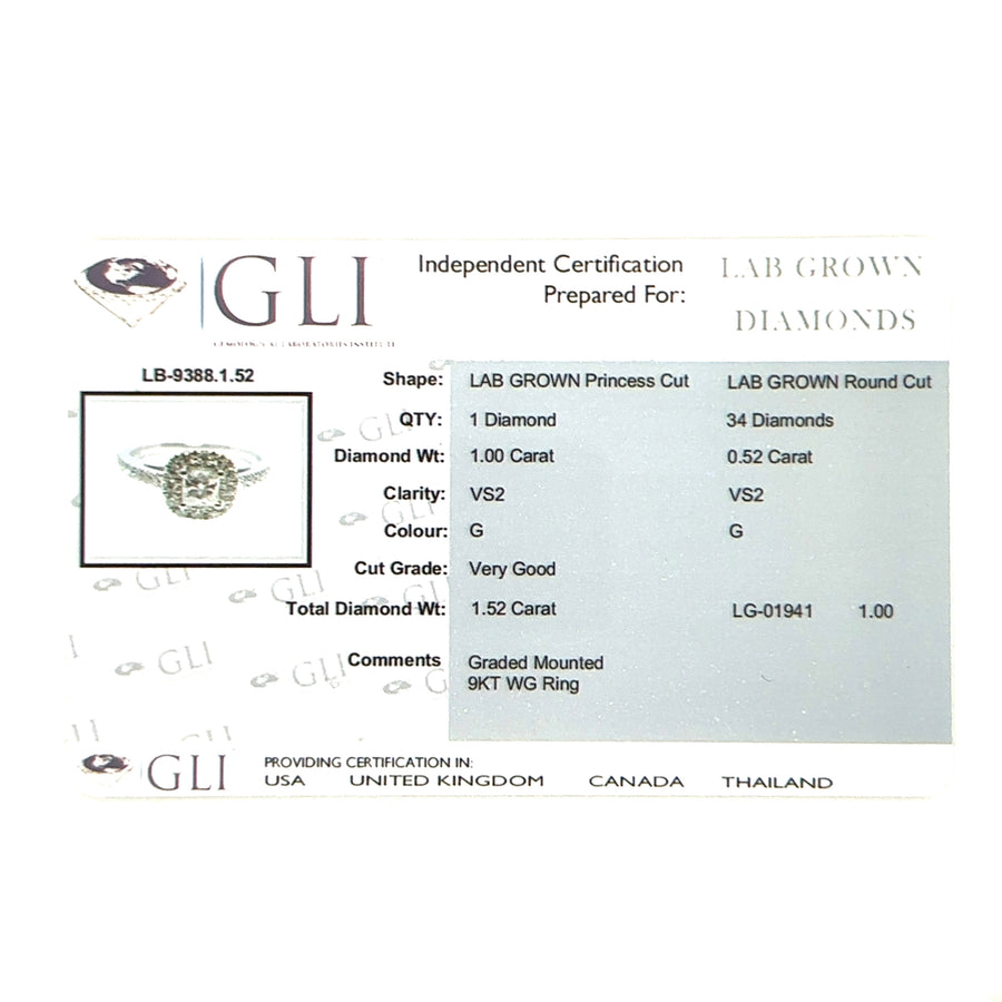 9ct White Gold Lab Grown Diamond Halo Ring (c. 1.52ct) - Size N - NEW!