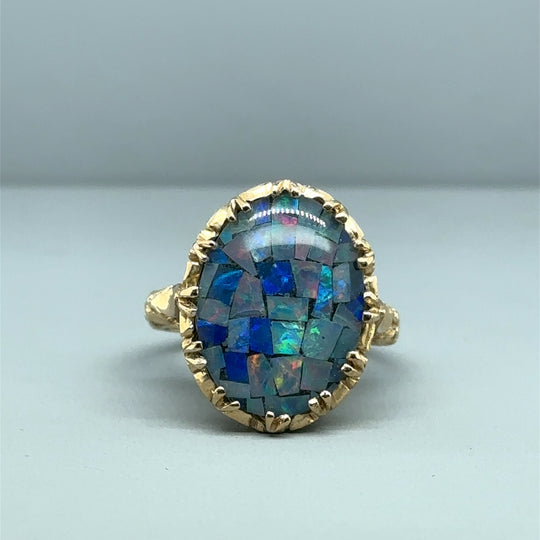 9ct Yellow Gold Mosaic Synthetic Stone Ring - Size K 1/2