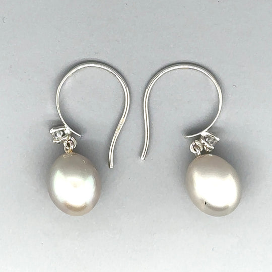 9ct White Gold Cubic Zirconia and Faux Pearl Drop Earrings