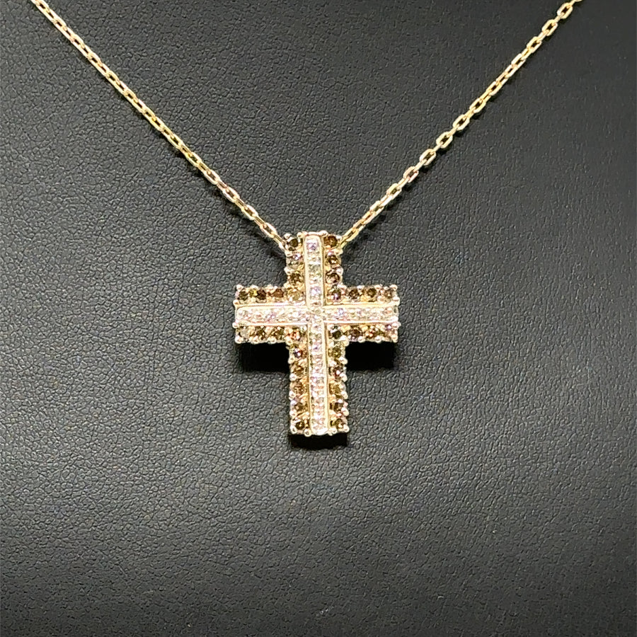 9ct Yellow Gold White and Brown Diamond Cross Pendant and Chain (c. 1.00 - 1.05ct) (17”)