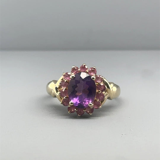 9ct Yellow Gold Amethyst and Tourmaline Ring - Size K 1/2