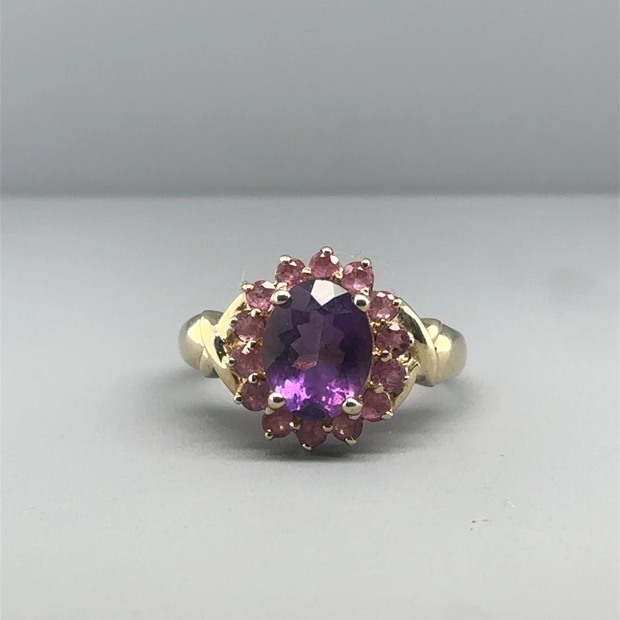 9ct Yellow Gold Amethyst and Tourmaline Ring - Size K 1/2