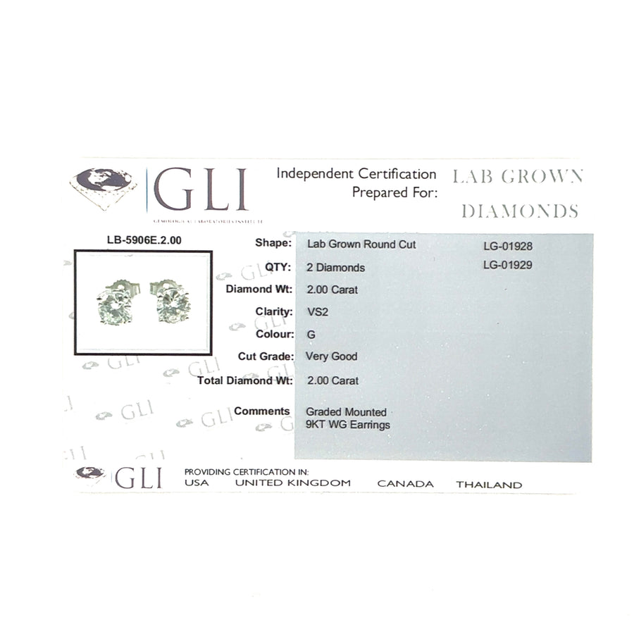 9ct White Gold Single Stone Lab Grown Diamond Stud Earrings (c. 2.00ct) NEW!