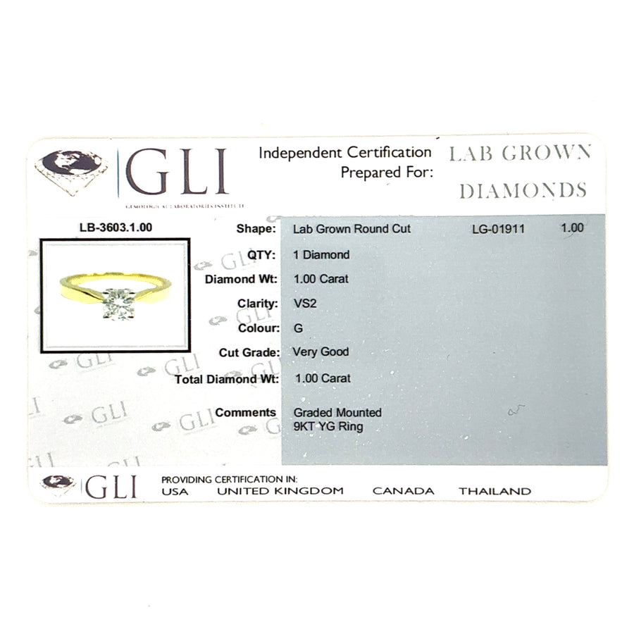 9ct Yellow Gold Single Stone Lab Grown Diamond Ring (c. 1.00ct) - Size L - NEW!