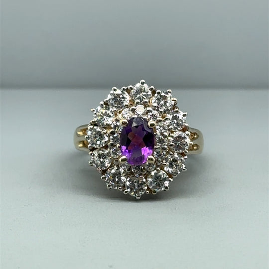 9ct Yellow Gold Purple and White Cubic Zirconia Cluster Ring - Size N