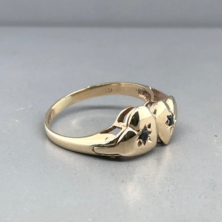 9ct Yellow Gold Sapphire Double Hearts Ring - Size O 1/2