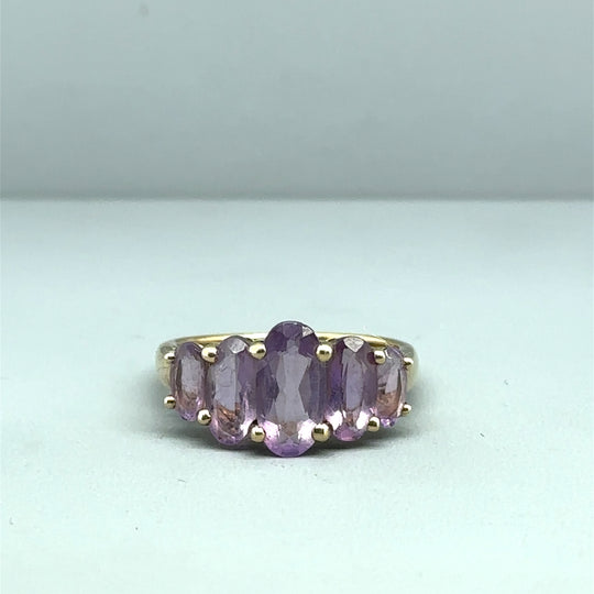 9ct Yellow Gold Five Stone Amethyst Ring - Size N