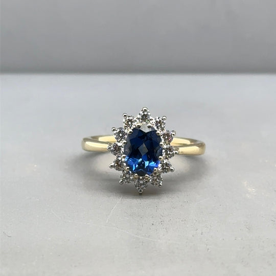 9ct Yellow Gold Lab Grown Diamond and Sapphire Cluster Ring (c. 0.47ct) - Size M 1/2 NEW!
