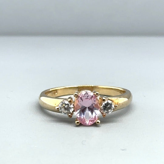 9ct Yellow Gold Three Stone Pink and White Cubic Zirconia Ring - Size N