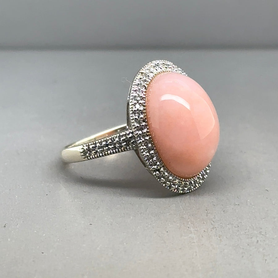9ct Yellow Gold Pink Coral and Diamond Ring (c. 0.30ct) - Size P
