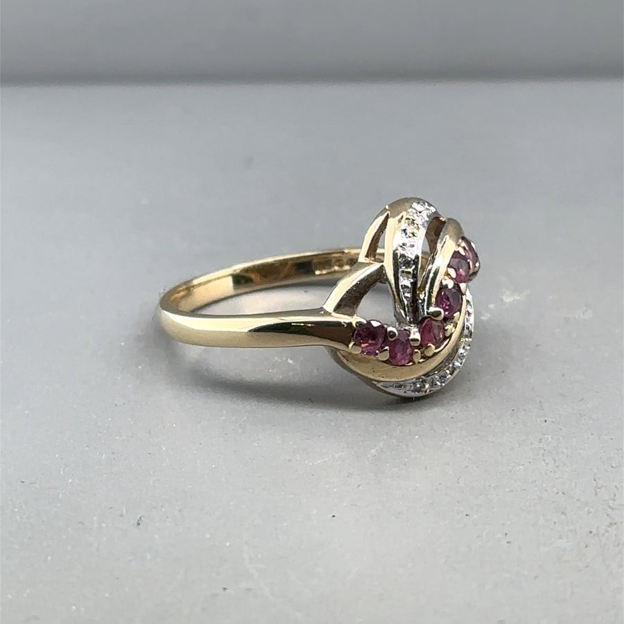 9ct Yellow Gold Diamond and Pink Topaz Ring - Size P 1/2