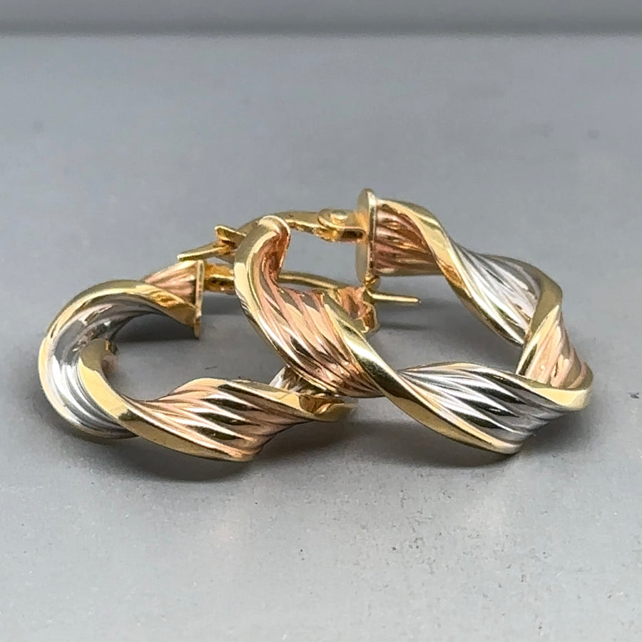 9ct Tri-Colour Twist Hoop Earrings
