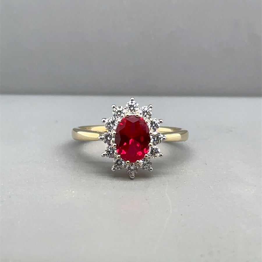 9ct Yellow Gold Lab Grown Diamond and Ruby Cluster Ring (c. 0.47ct) - Size N 1/2 - NEW!