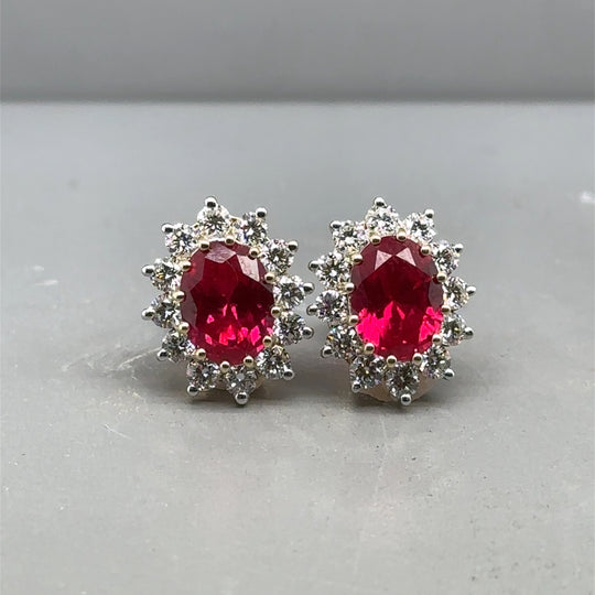 9ct Yellow Gold Lab Grown Diamond and Ruby Cluster Stud Earrings (c. 0.95ct) NEW!