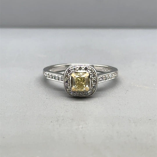 18ct White Gold Single Stone Yellow Diamond and Diamond Shoulders Ring (c. 0.80ct) - Size M