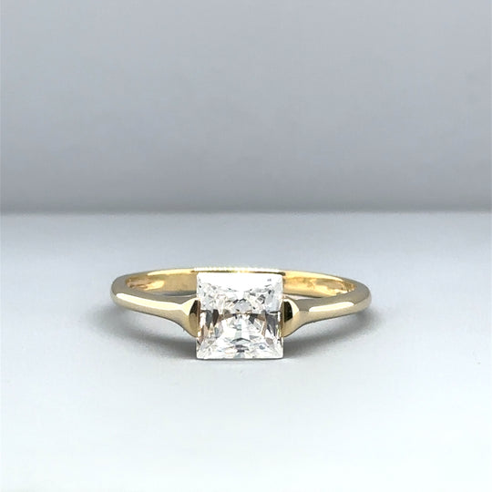 14ct Yellow Gold Single Stone Cubic Zirconia Square Ring - Size U
