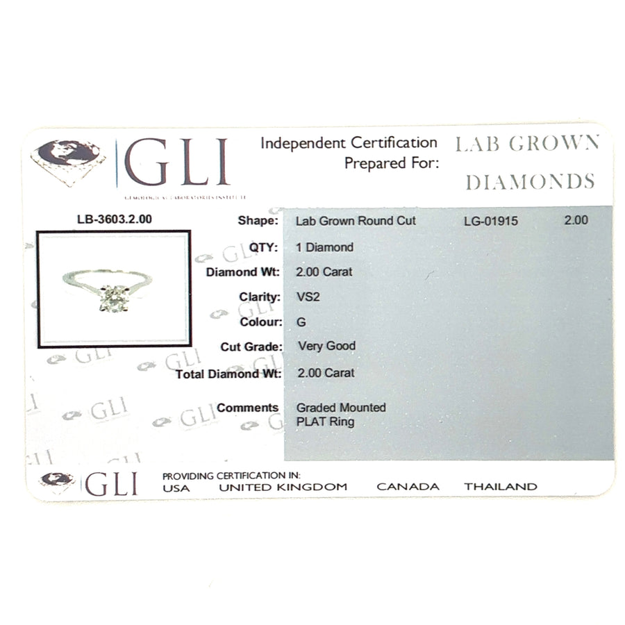 Platinum Single Stone Lab Grown Diamond Ring (c. 2.00ct) - Size K 1/2 NEW!