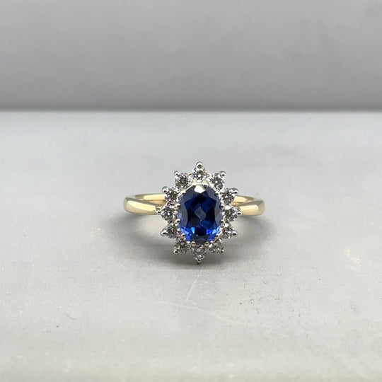 9ct Yellow Gold Lab Grown Diamond and Sapphire Cluster Ring (c. 0.47ct) - Size K 1/2 NEW!