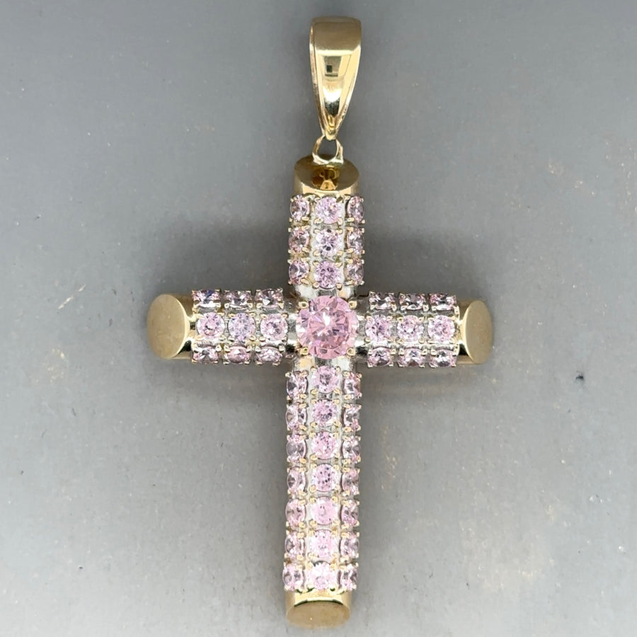 9ct Yellow Gold Pink Cubic Zirconia Cross Pendant