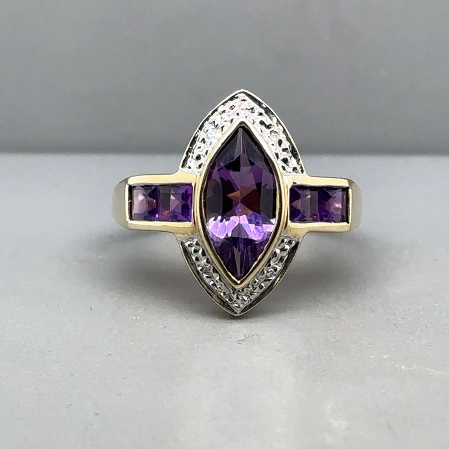 9ct Yellow Gold Amethyst and Diamond Ring - Size P 1/2