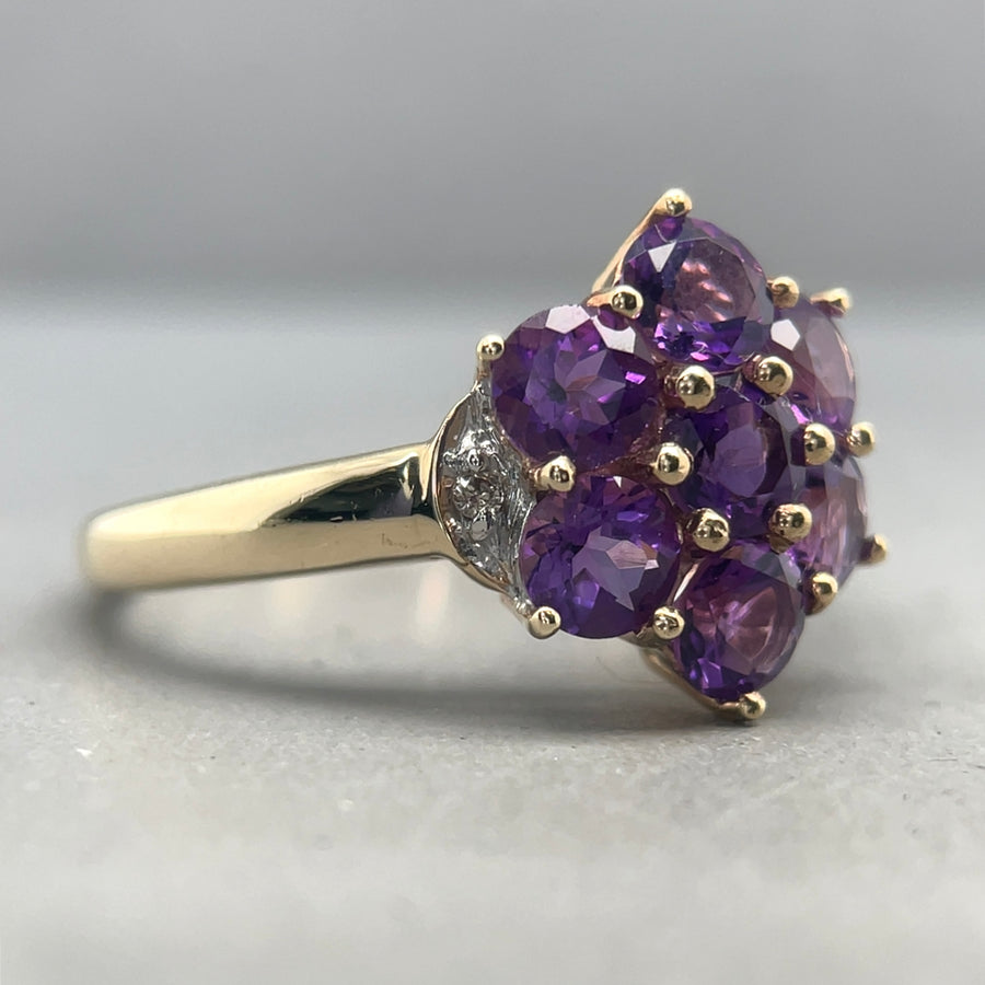 9ct Yellow Gold Amethyst and Diamond Ring - Size P