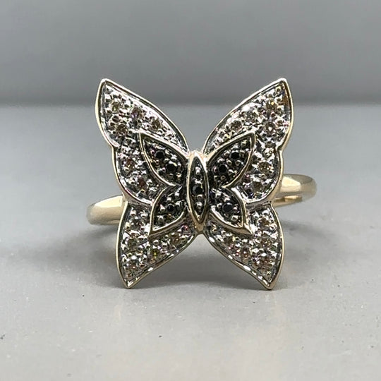 9ct Yellow Gold Blue and White Diamond Butterfly Ring (c. 0.10 - 0.15ct) - Size M 1/2