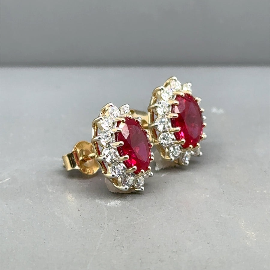 9ct Yellow Gold Lab Grown Diamond and Ruby Cluster Stud Earrings (c. 0.95ct) NEW!