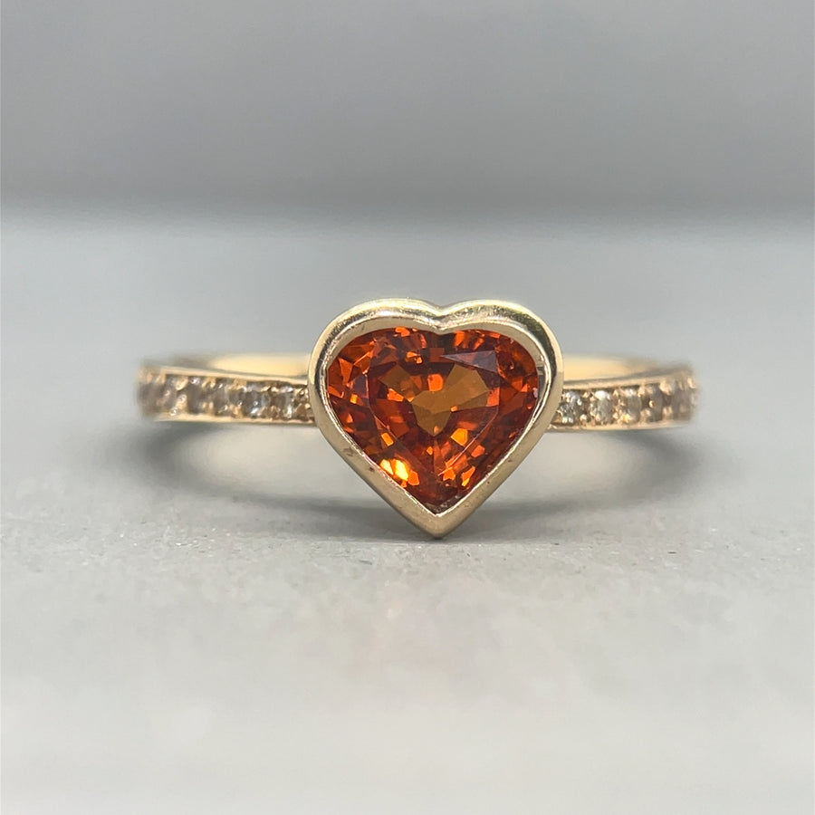 9ct Yellow Gold Orange Tourmaline and Diamond Ring (c. 0.15ct) - Size O