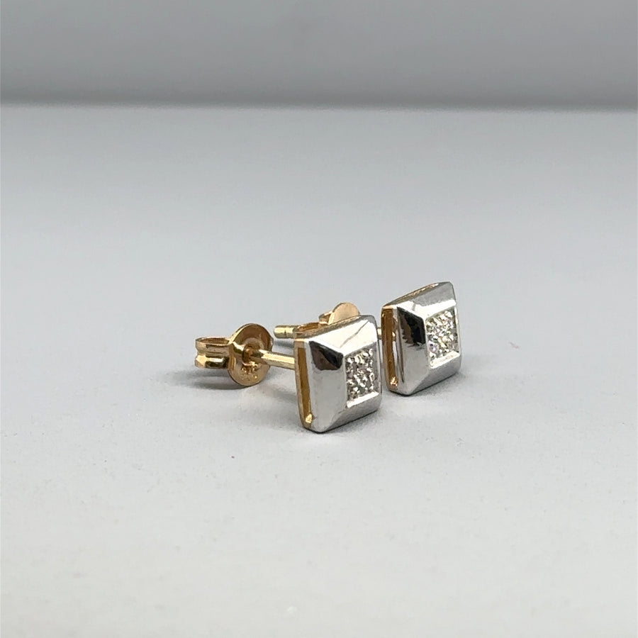 9ct Bi-Colour Diamond Set Square Stud Earrings